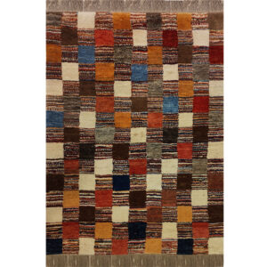 Tapis en laine Gabbeh persan authentique tissé à la main à carreaux