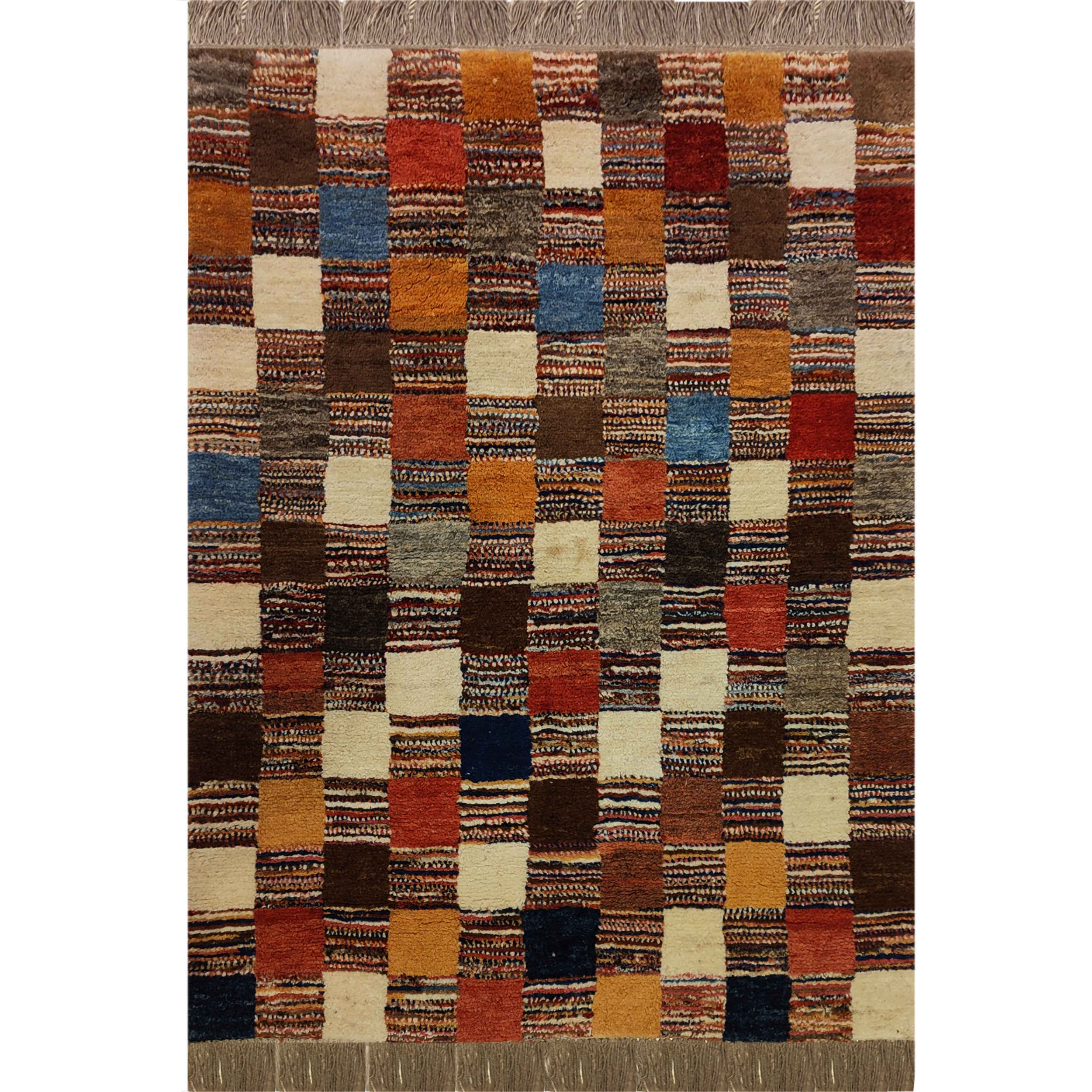 Tapis en laine Gabbeh persan authentique tissé à la main à carreaux