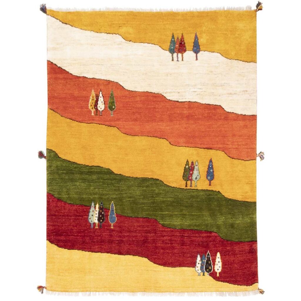 Tapis Gabbeh en laine persane véritablement tissé à la main en Fars arbre jaune