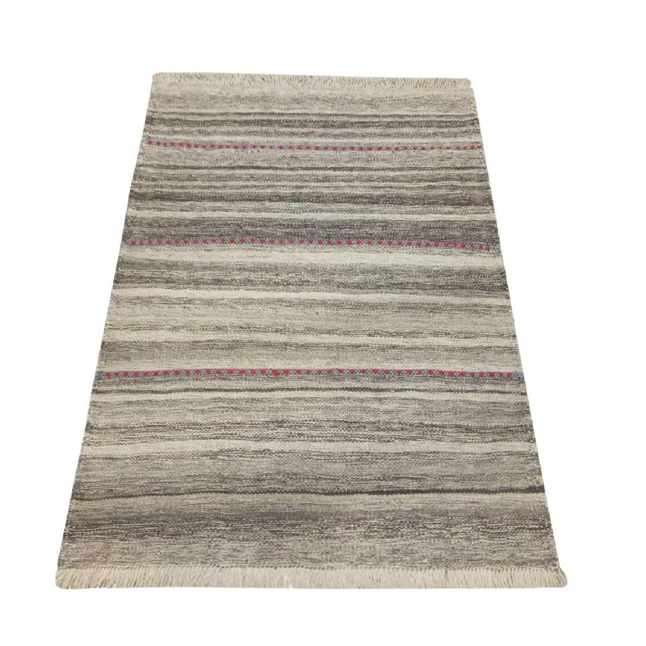 Tapis Kilim en laine persane véritablement tissé à la main rayé crème
