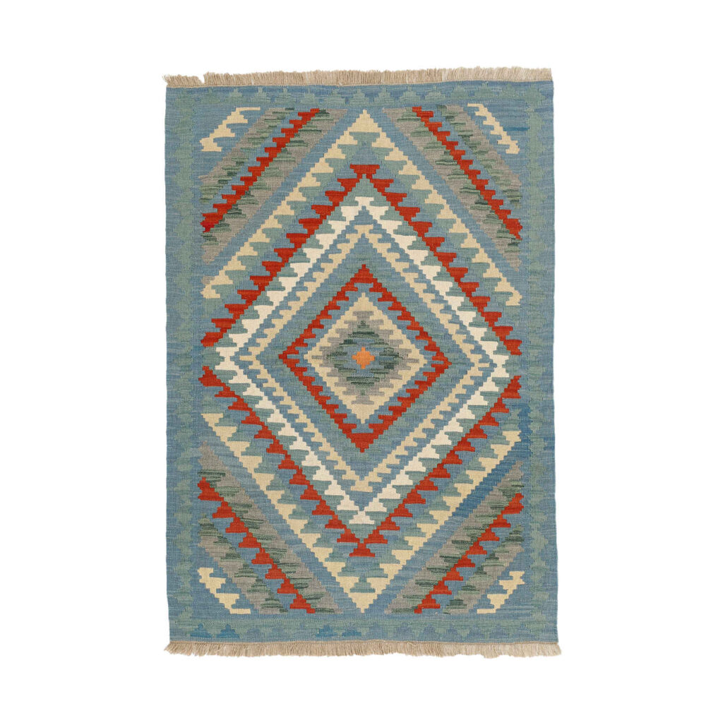 Tapis Kilim en laine persane véritablement tissé à la main en Fars Qashqai bleu