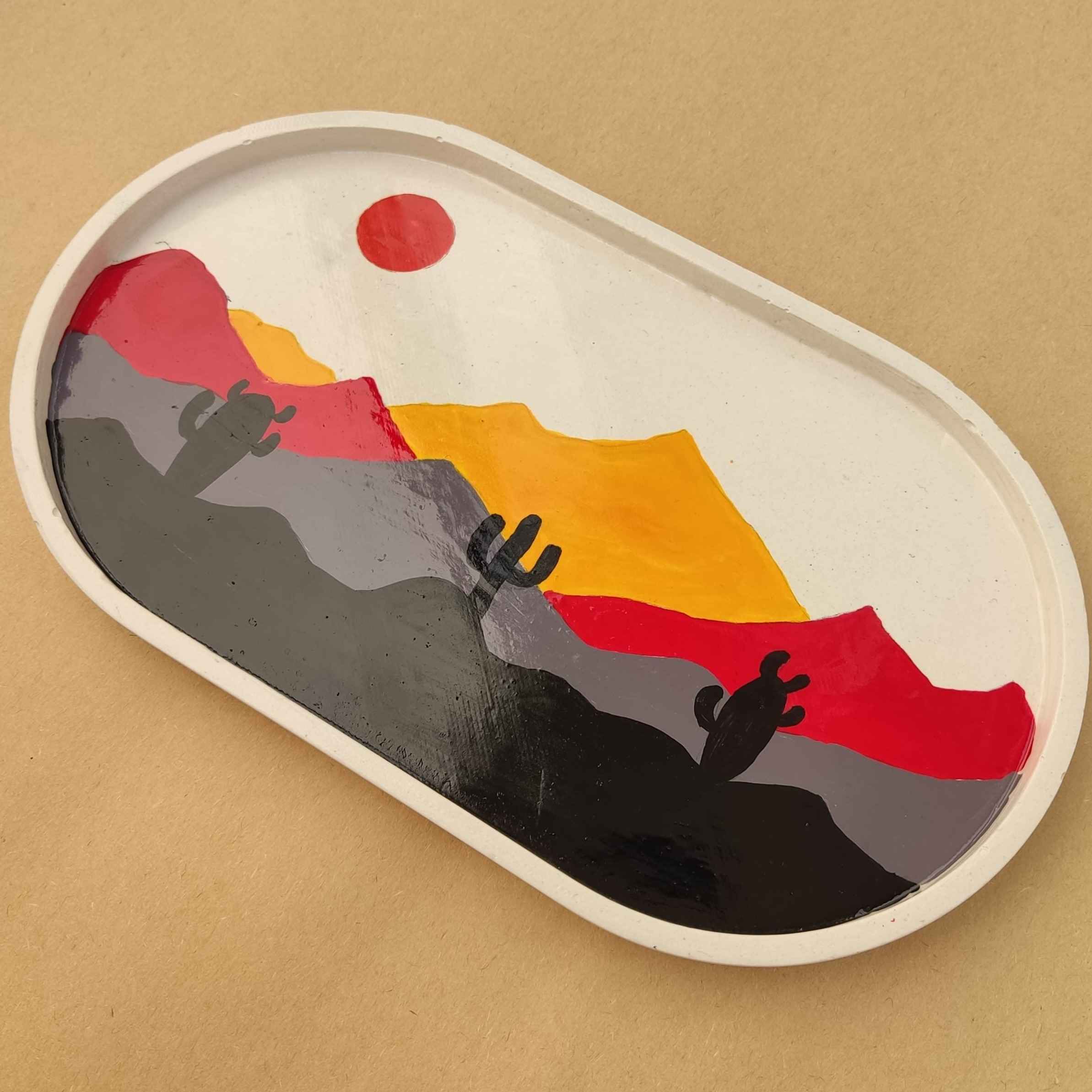 Plateau de service en béton artisanal motif montagne pour toute décoration