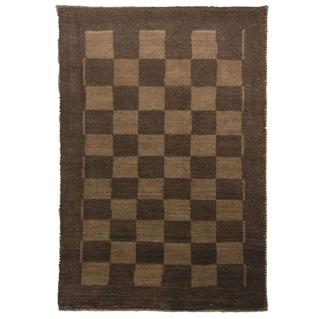 Tapis en laine Gabbeh persan original tissé à la main en Fars à carreaux marron