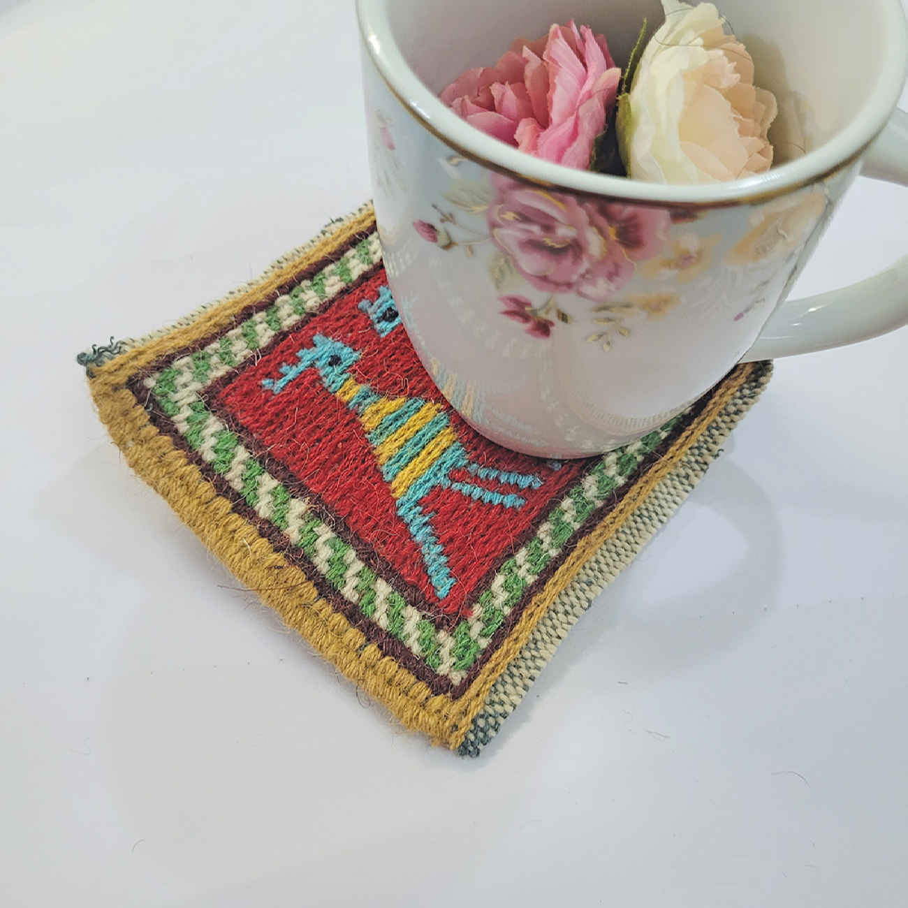 Sous-verre Kilim Persan Tissé à la Main avec Motif de Huppe