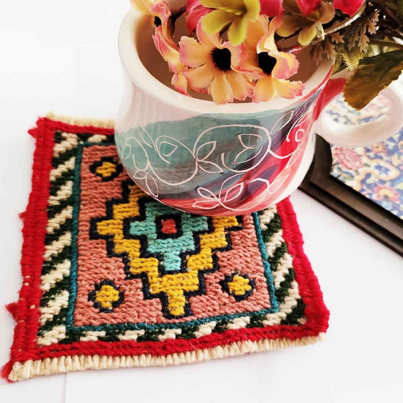 Sous-verre Kilim Persan Tissé à la Main avec Losange Jaune