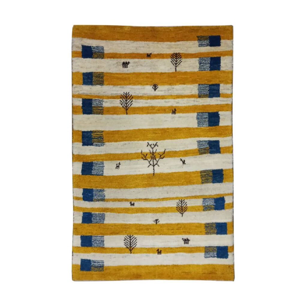 Tapis Gabbeh en laine persane véritablement tissé à la main avec motifs animaliers & arbres