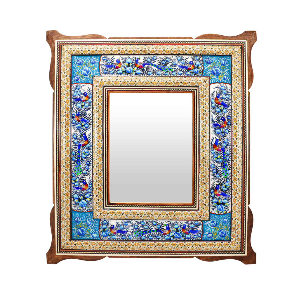 Cadre de miroir en bois persan – Motifs paon & fleurs Khatamkari