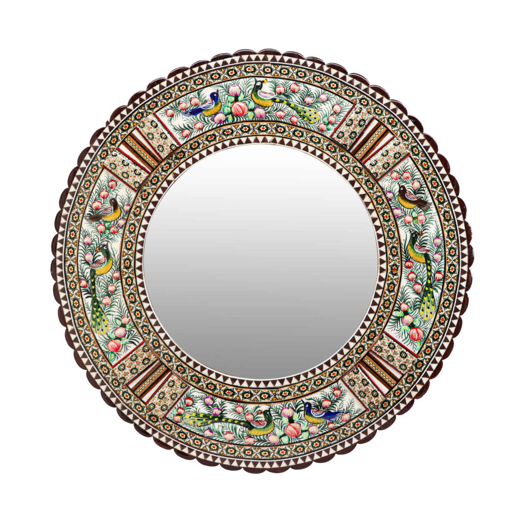 Cadre de miroir en bois persan – Motif moineau & floral Khatamkari