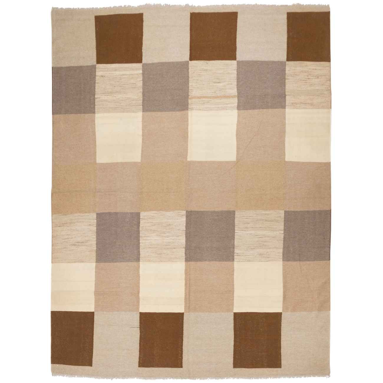 Tapis en laine Kilim persan tissé à la main en Fars à carreaux marron