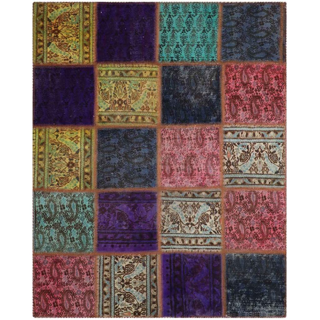 Tapis Persan Vintage Patchwork Noué à la Main à Carreaux