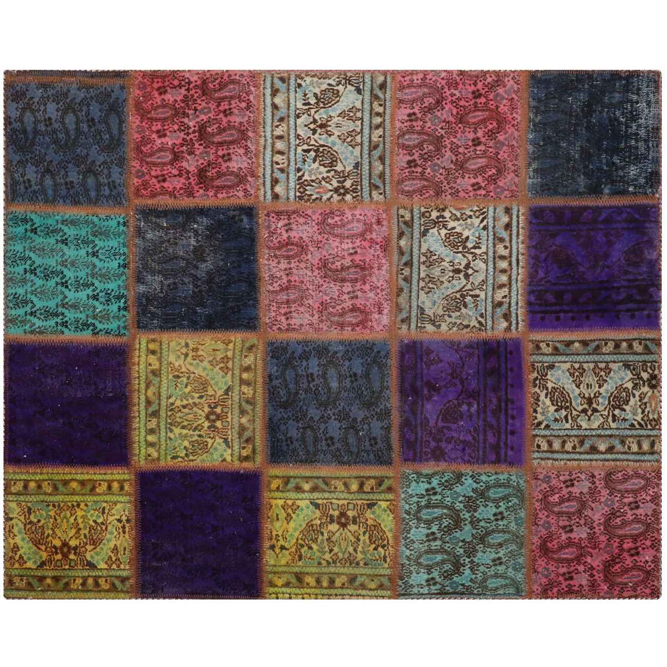 Tapis Persan Vintage Patchwork Noué à la Main à Carreaux