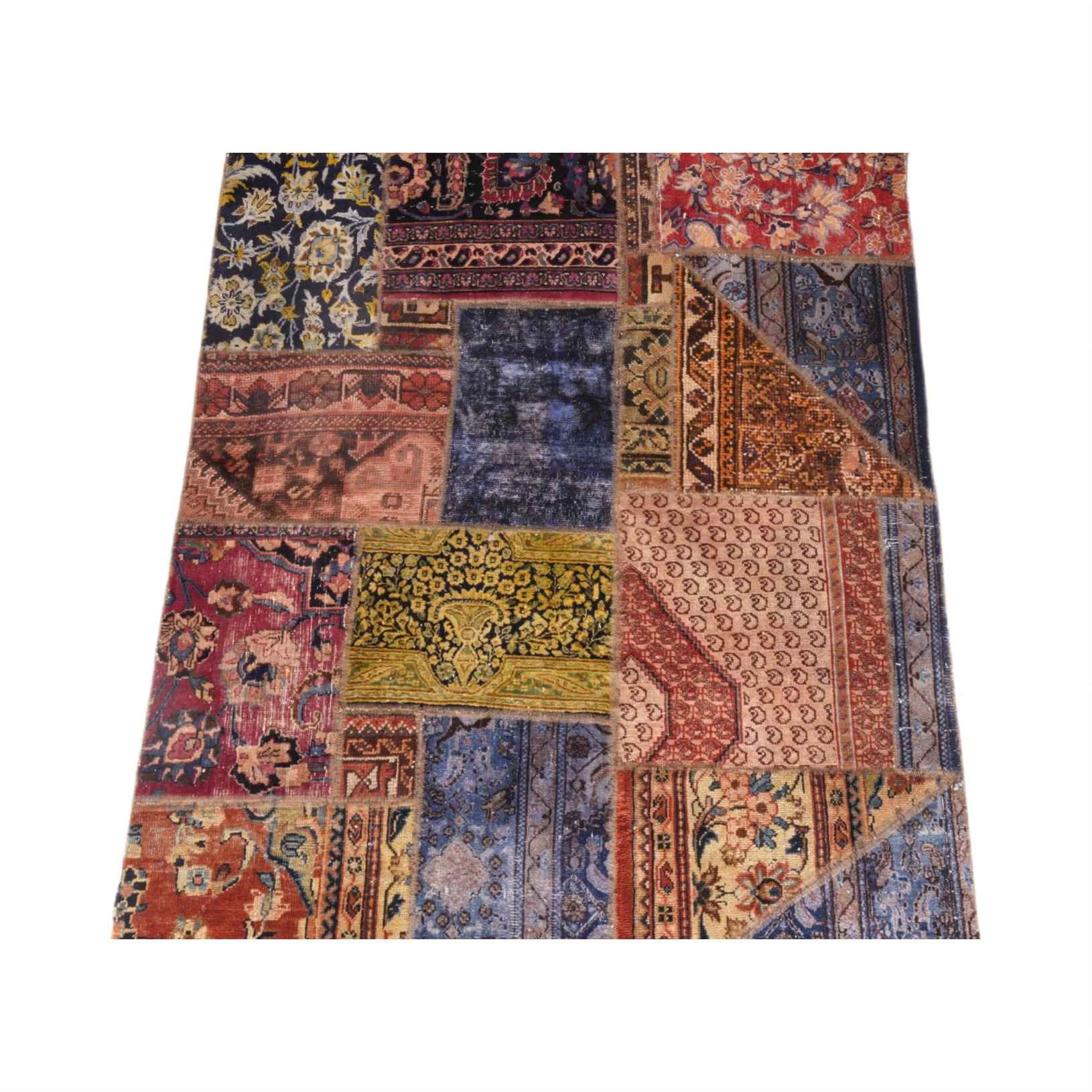 Tapis Persan Vintage Patchwork Noué à la Main Géométrique