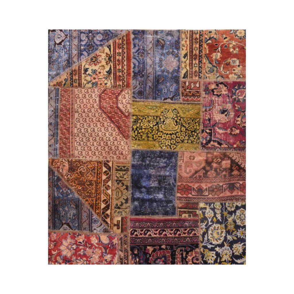 Tapis Persan Vintage Patchwork Noué à la Main Géométrique