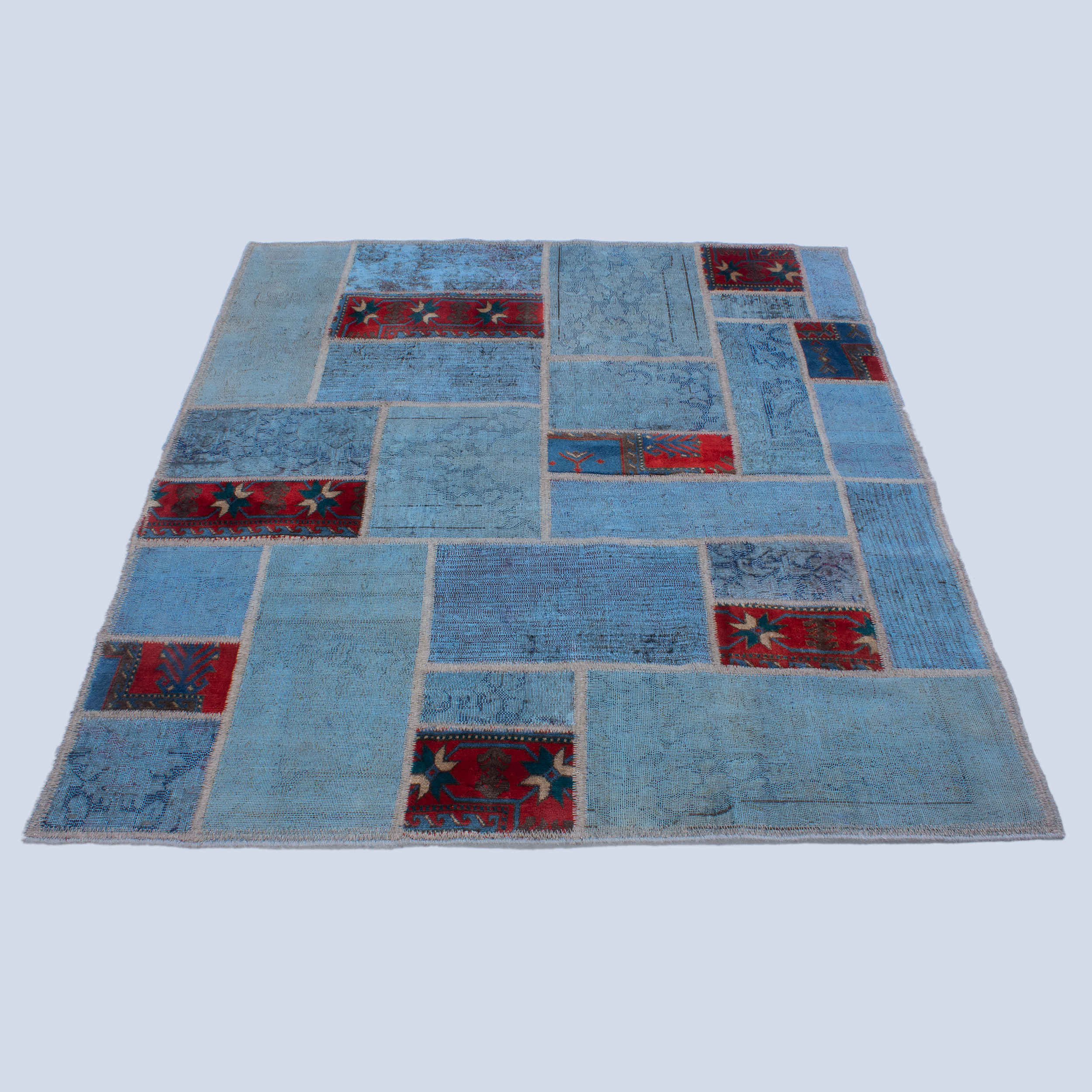 Tapis Persan Patchwork Noué à la Main Géométrique Bleu