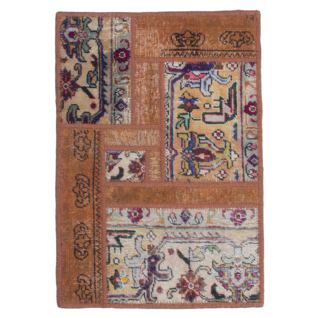 Tapis Persan Vintage Patchwork Noué à la Main Géométrique Marron