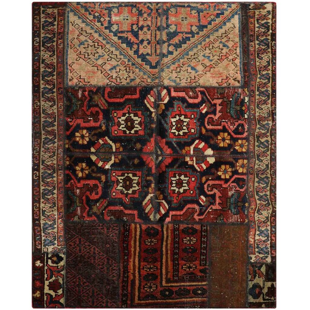 Tapis Persan Vintage Patchwork Noué à la Main Marron