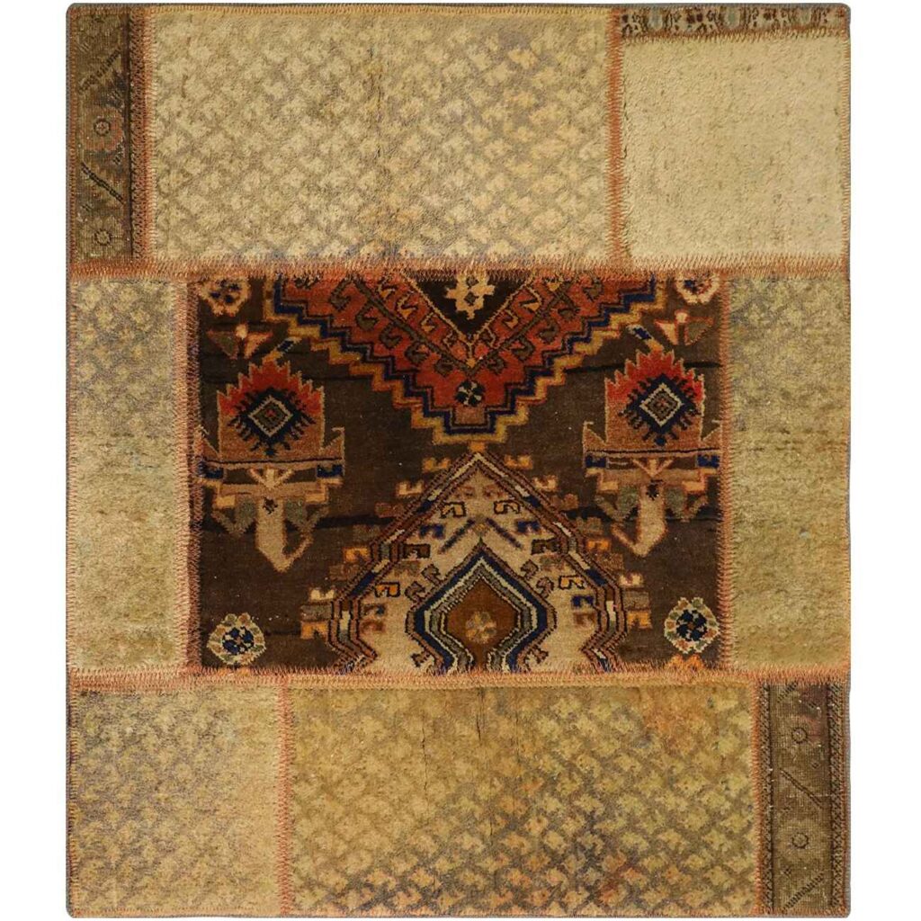 Tapis Persan Vintage Patchwork Noué à la Main Géométrique Marron