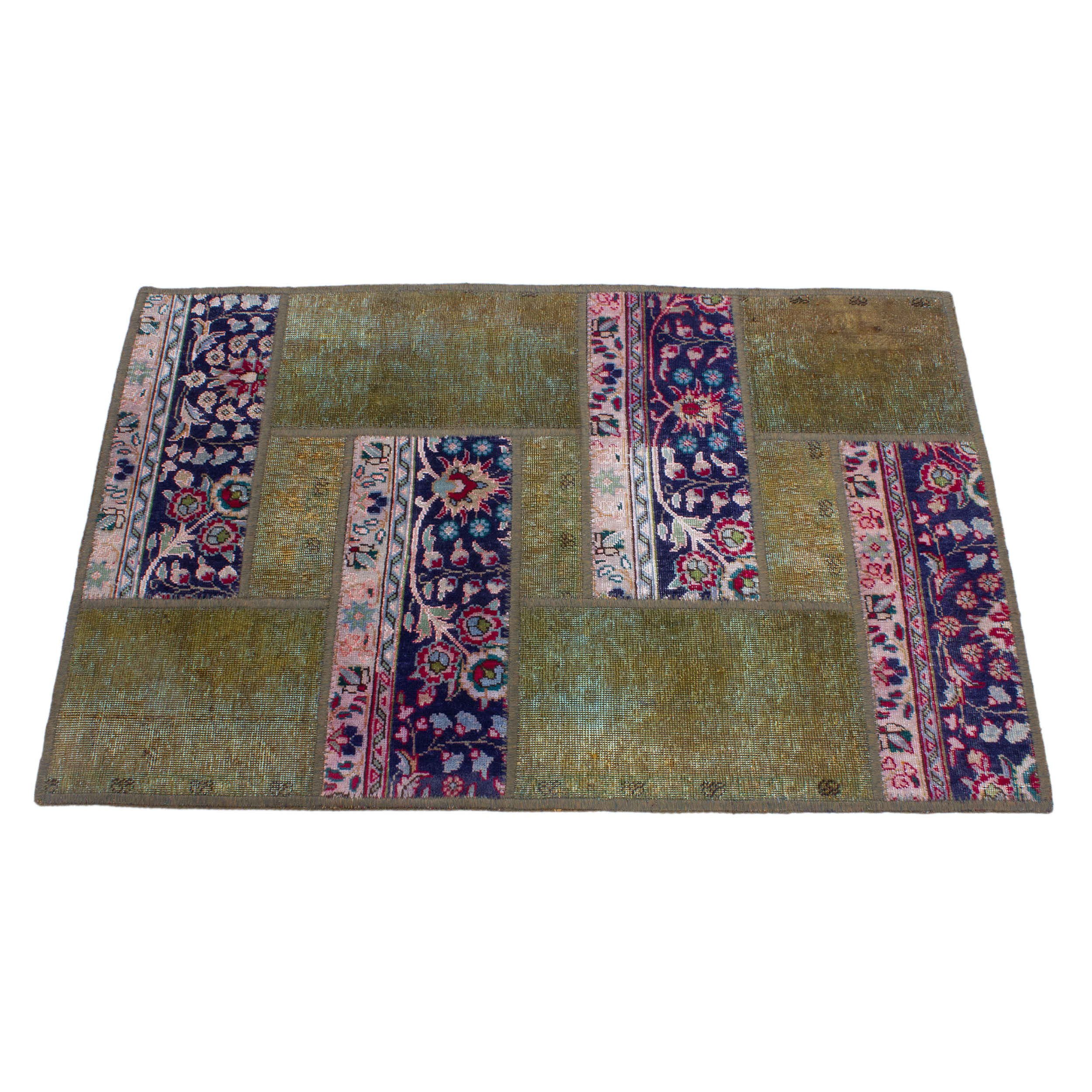 Tapis Persan Vintage Patchwork Noué à la Main Géométrique Vert