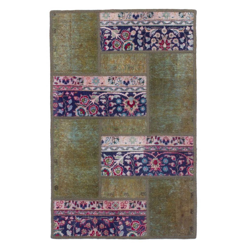 Tapis Persan Vintage Patchwork Noué à la Main Géométrique Vert