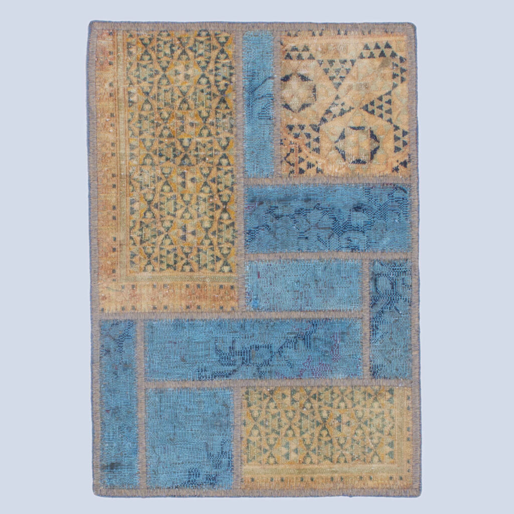 Tapis Persan Patchwork Noué à la Main Bleu Clair