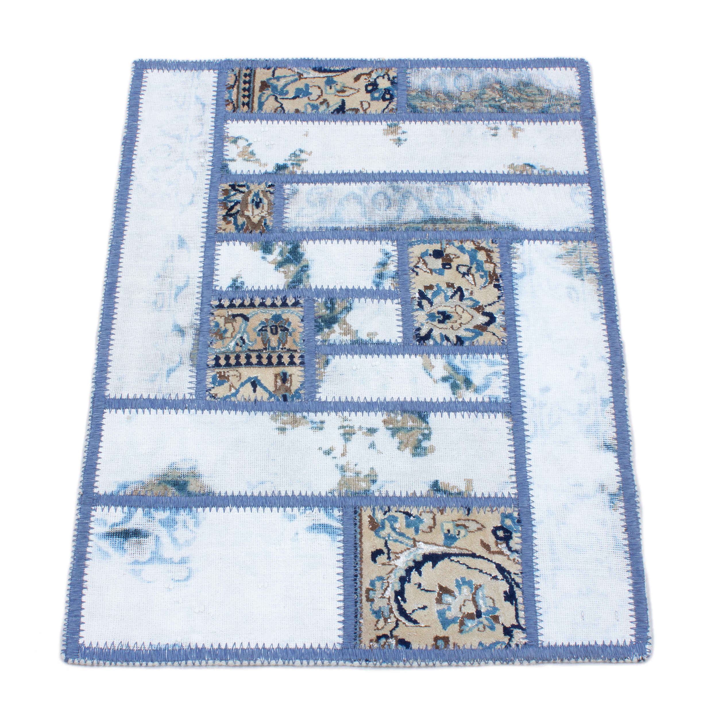 Tapis Persan Patchwork Noué à la Main Bleu Clair