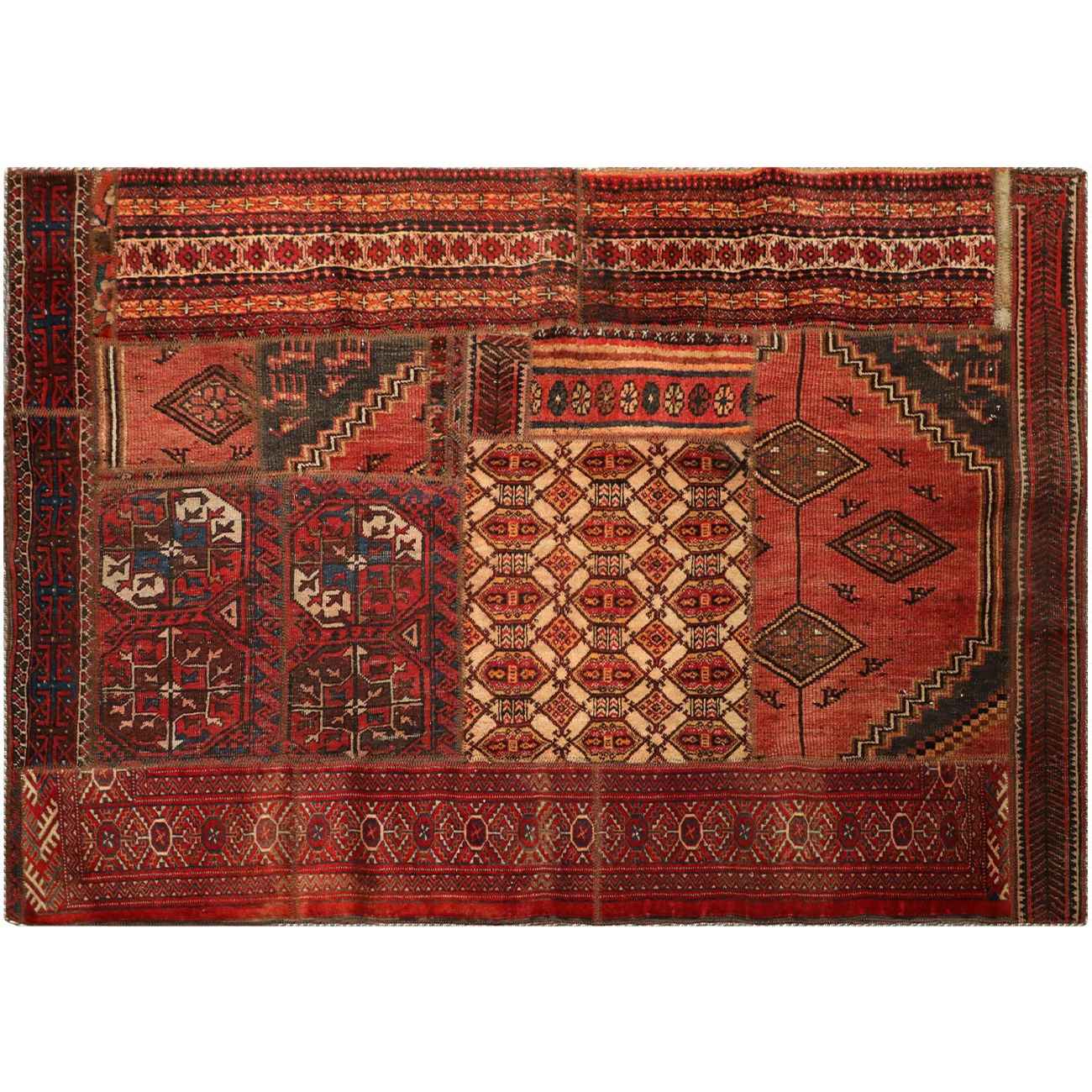 Tapis Persan Vintage Patchwork Noué à la Main Géométrique Rouge