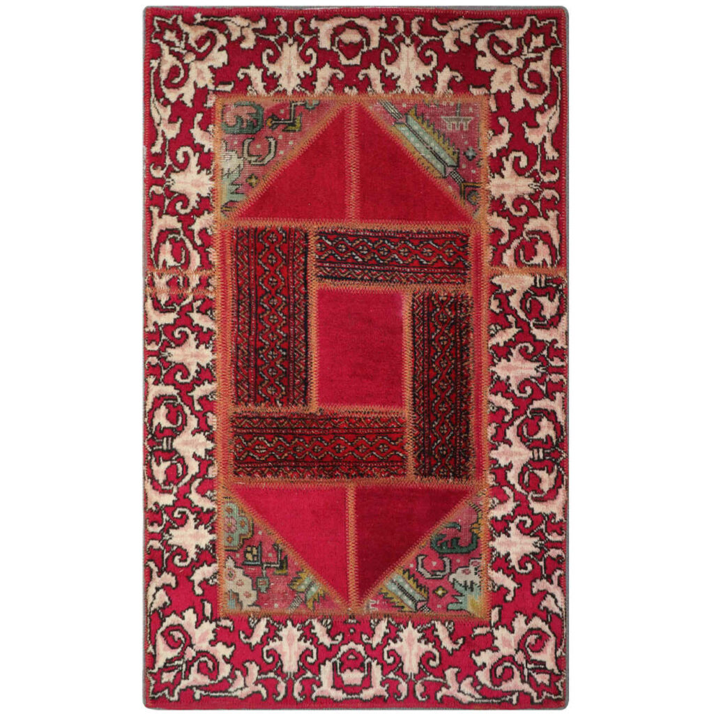 Tapis Persan Vintage Patchwork Noué à la Main Géométrique Rouge