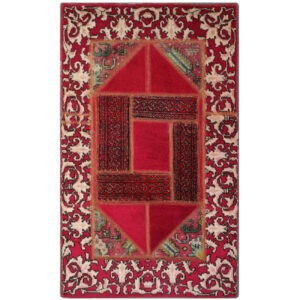 Tapis Persan Vintage Patchwork Noué à la Main Géométrique Rouge