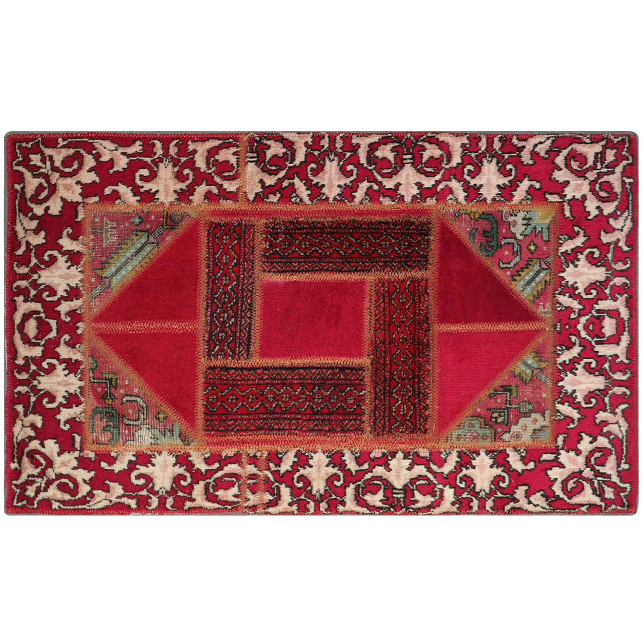 Tapis Persan Vintage Patchwork Noué à la Main Géométrique Rouge