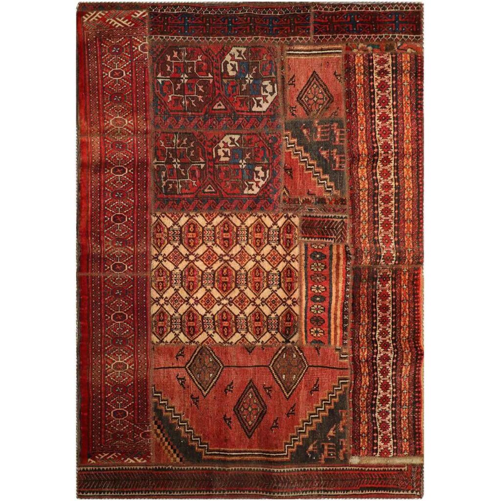 Tapis Persan Vintage Patchwork Noué à la Main Géométrique Rouge