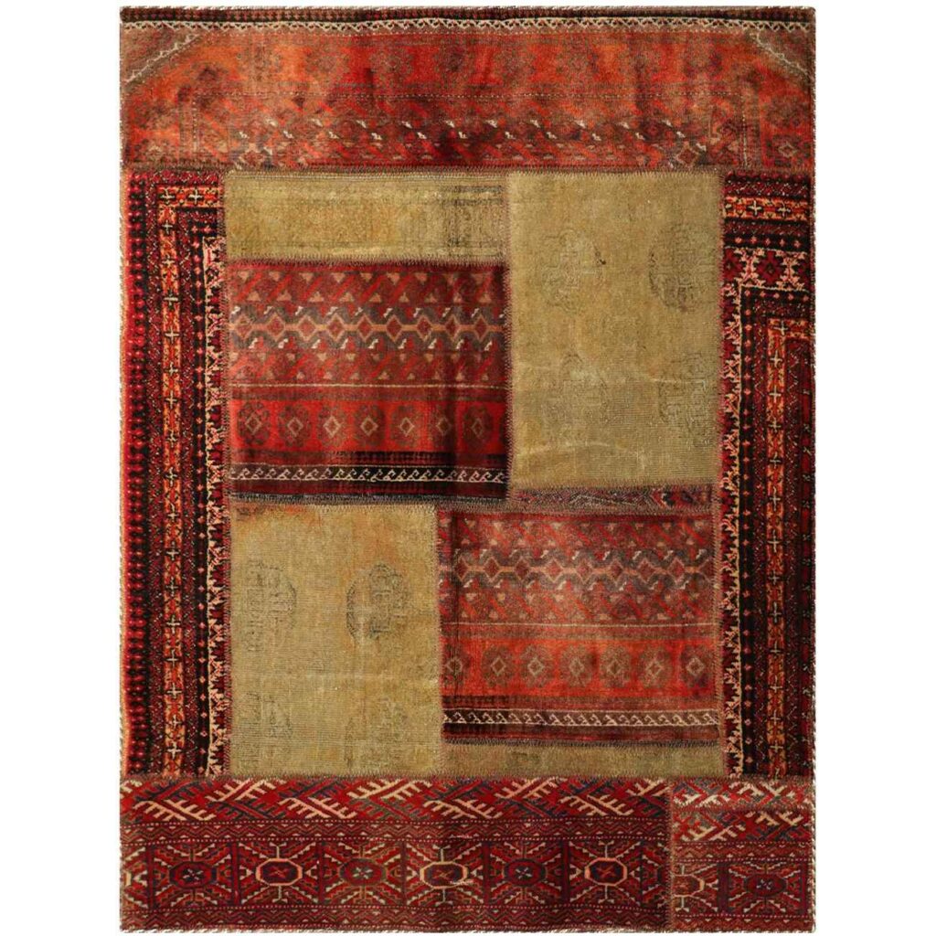 Tapis Persan Vintage Patchwork Noué à la Main Géométrique Rouge