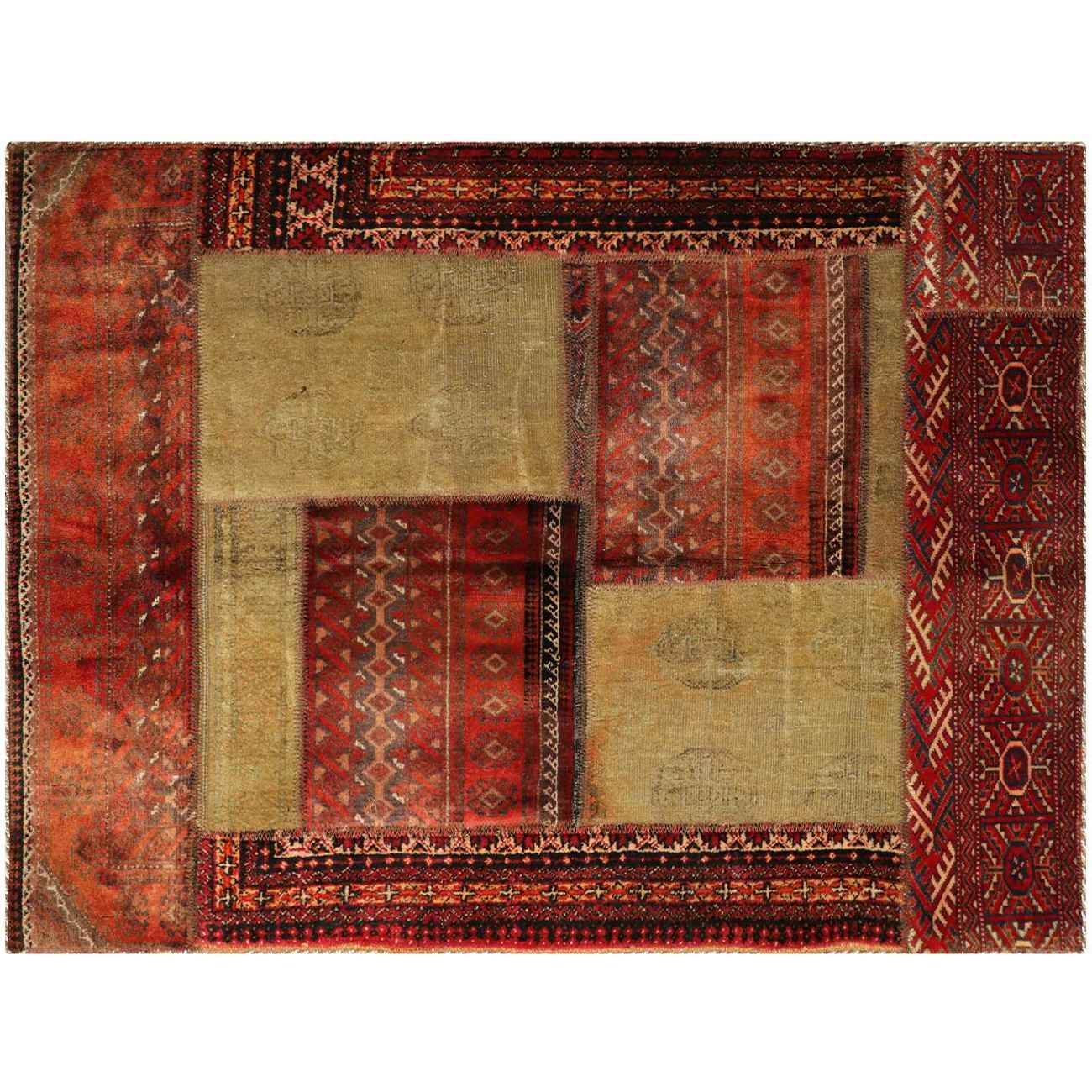 Tapis Persan Vintage Patchwork Noué à la Main Géométrique Rouge