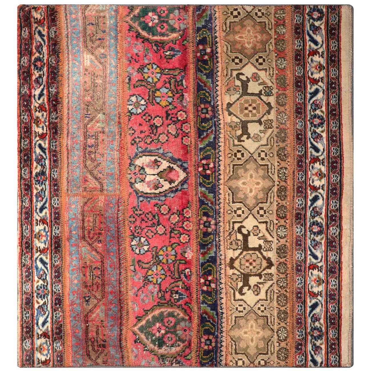 Tapis Persan Vintage Patchwork Noué à la Main Rayé