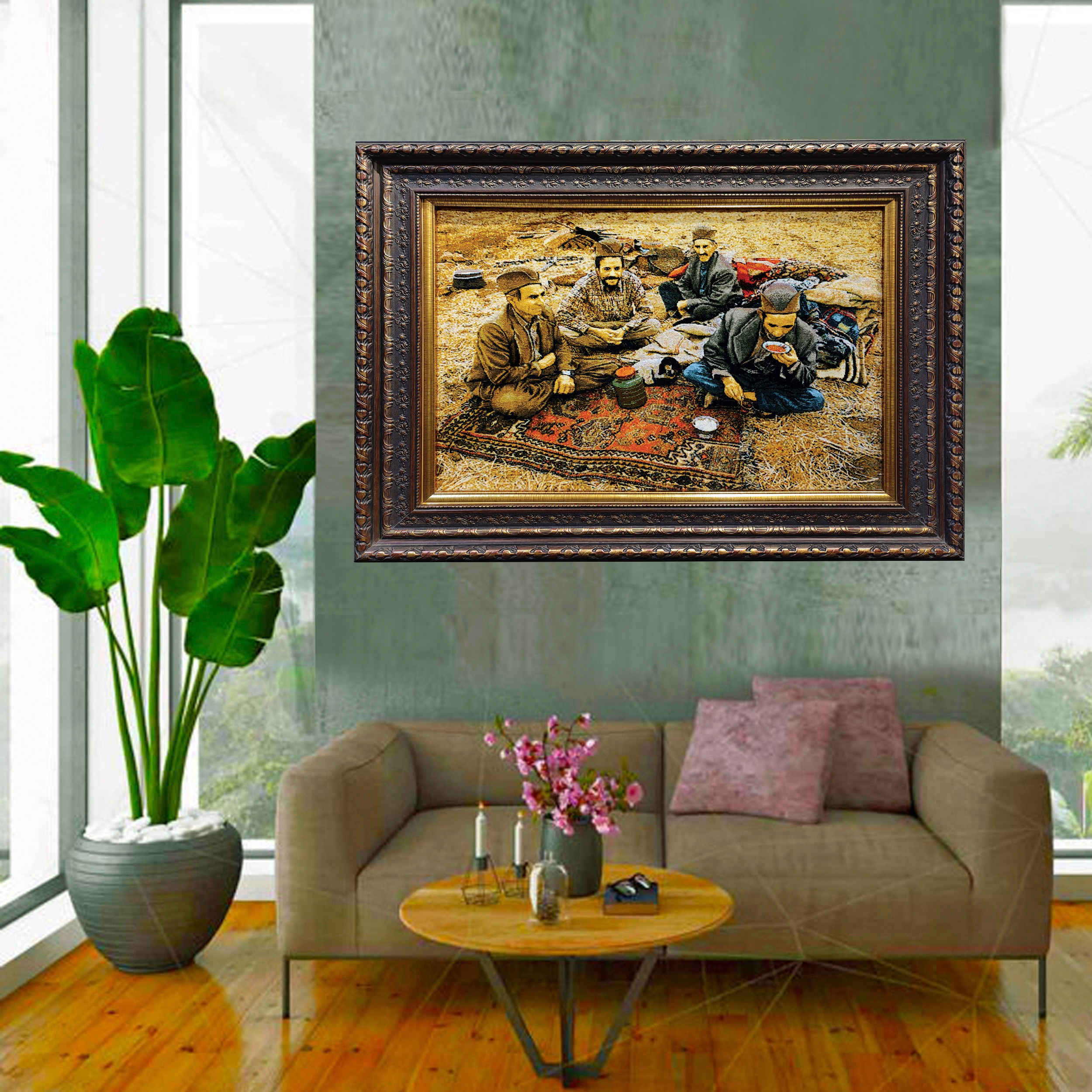 Tapis persan figuratif noué à la main de Tabriz représentant des nomades