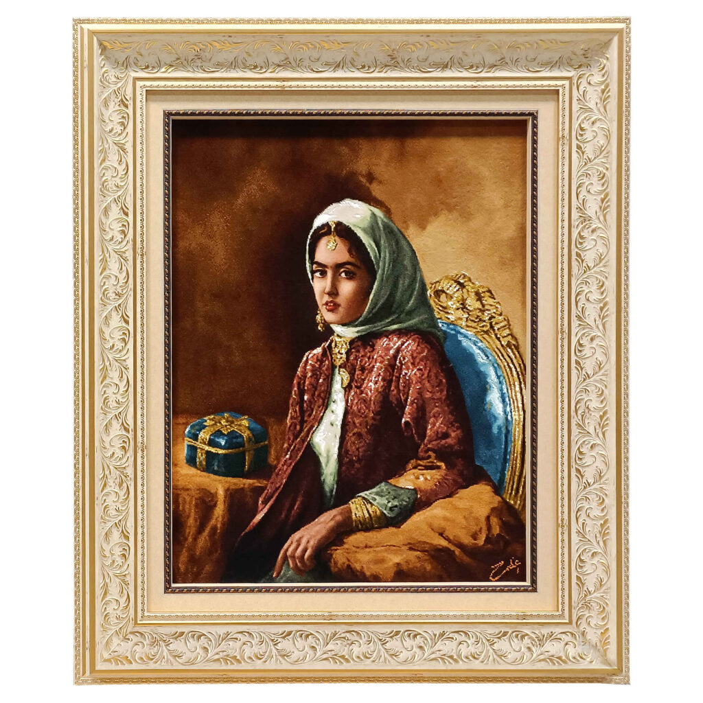 Tapis persan figuratif noué à la main de Tabriz représentant une femme qajare