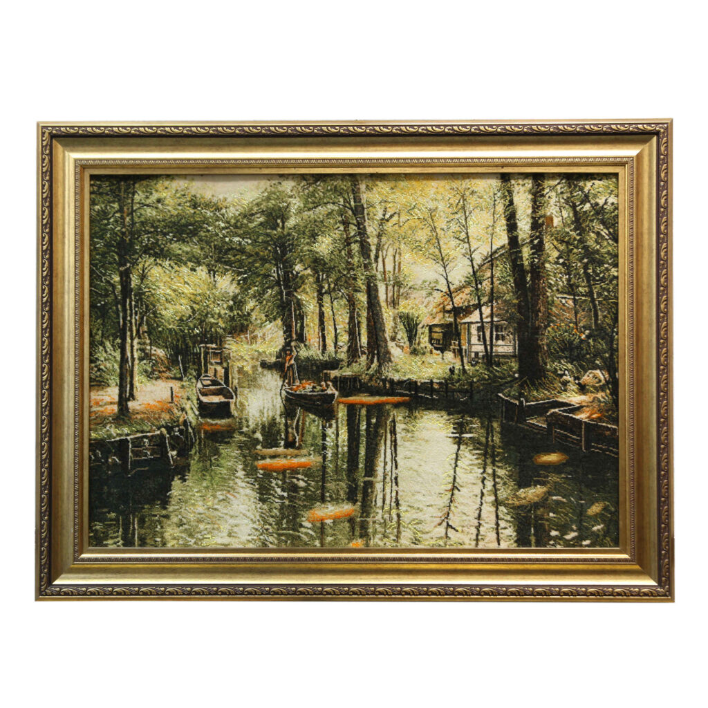 Tapis persan figuratif noué à la main de Tabriz représentant une rivière