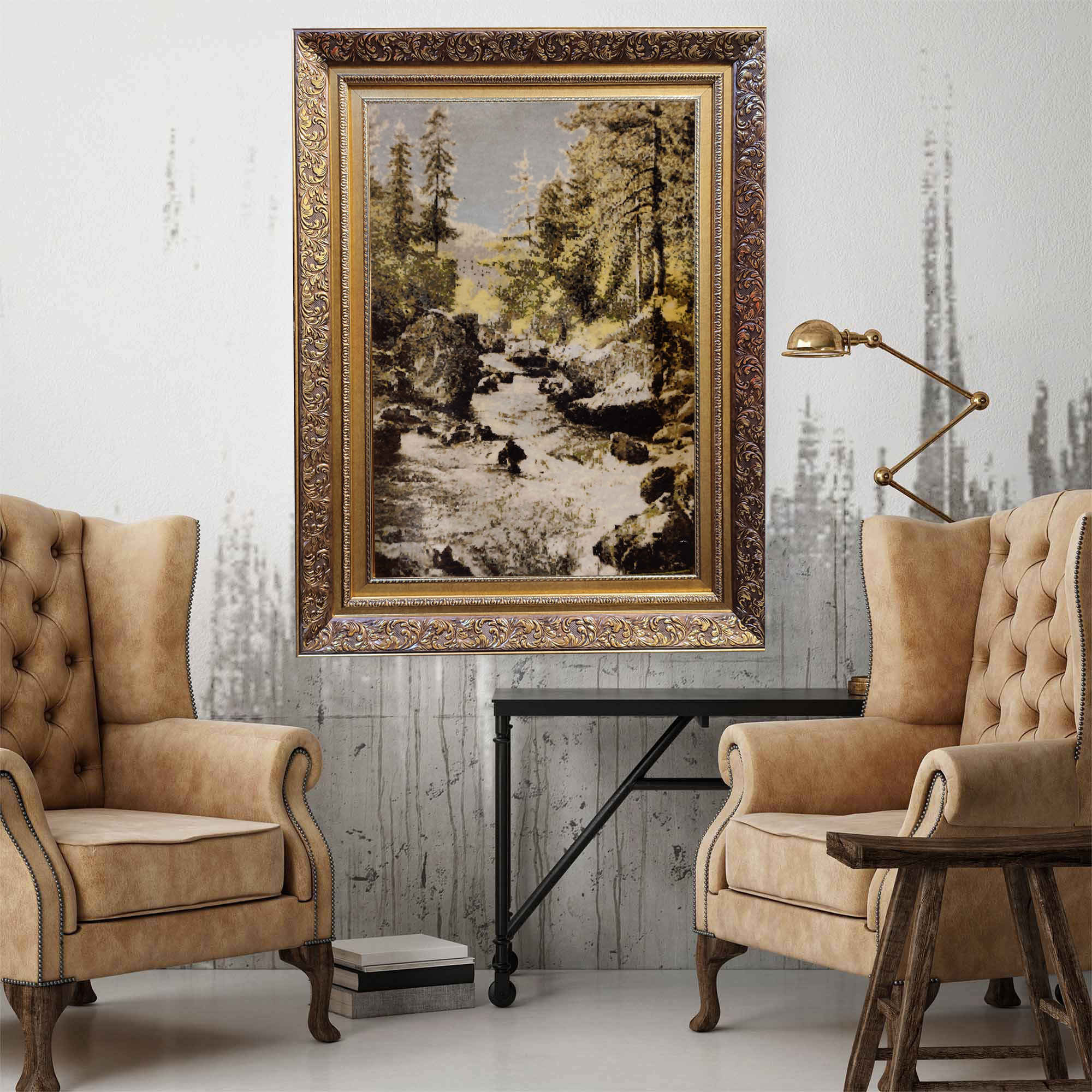 Tapis persan figuratif noué à la main de Tabriz représentant une rivière de fonte des neiges