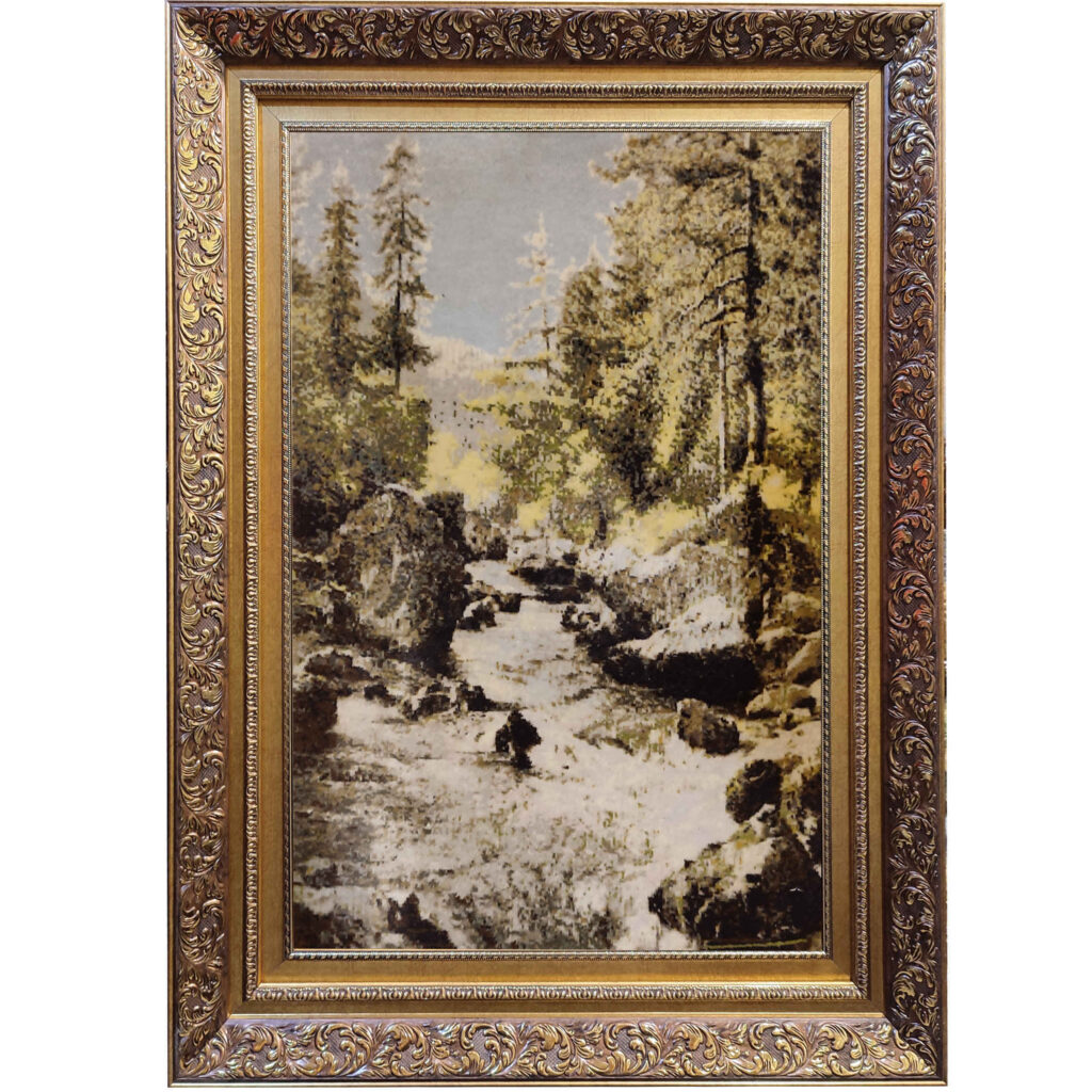 Tapis persan figuratif noué à la main de Tabriz représentant une rivière de fonte des neiges