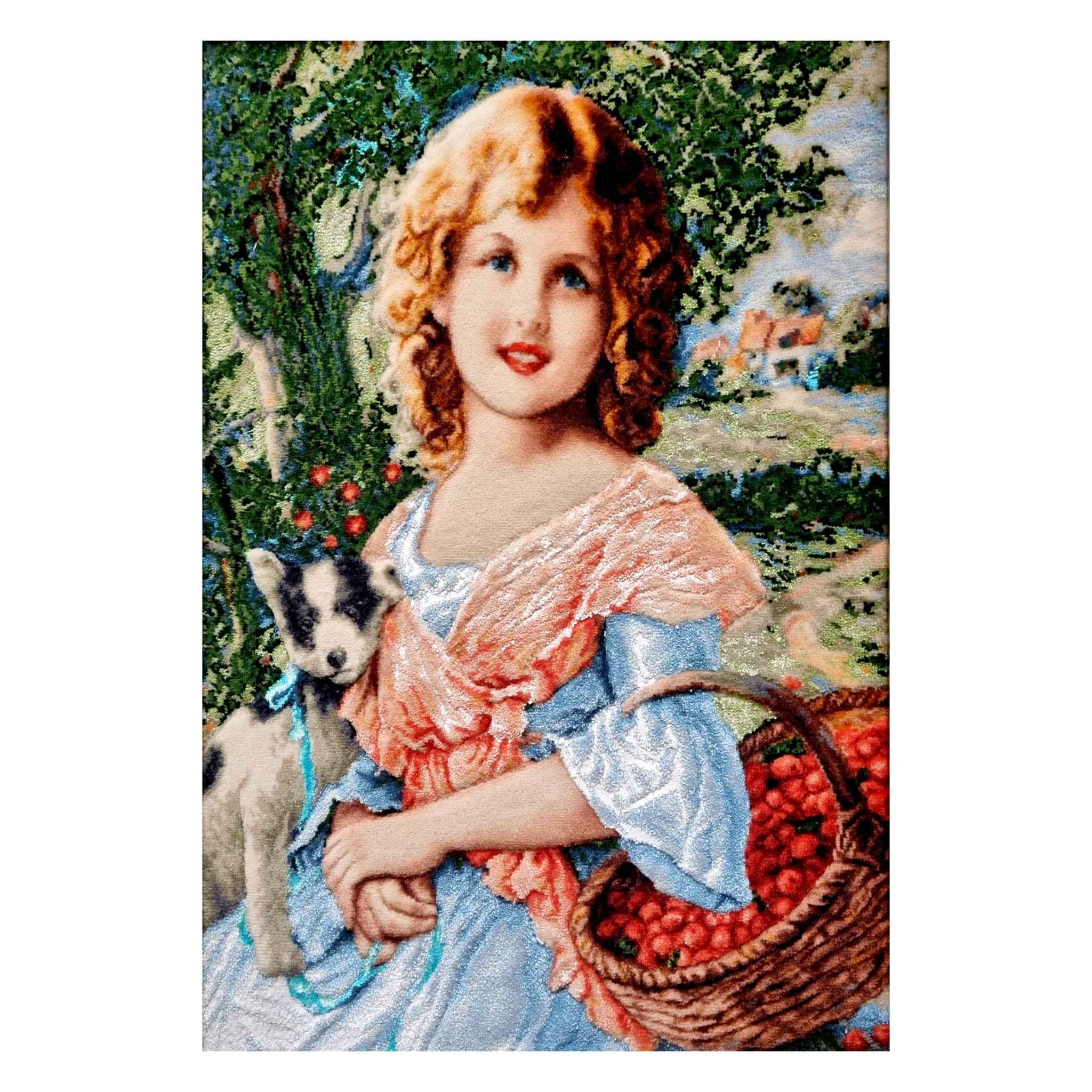 Tapis persan figuratif noué à la main de Tabriz représentant une fille et un chien