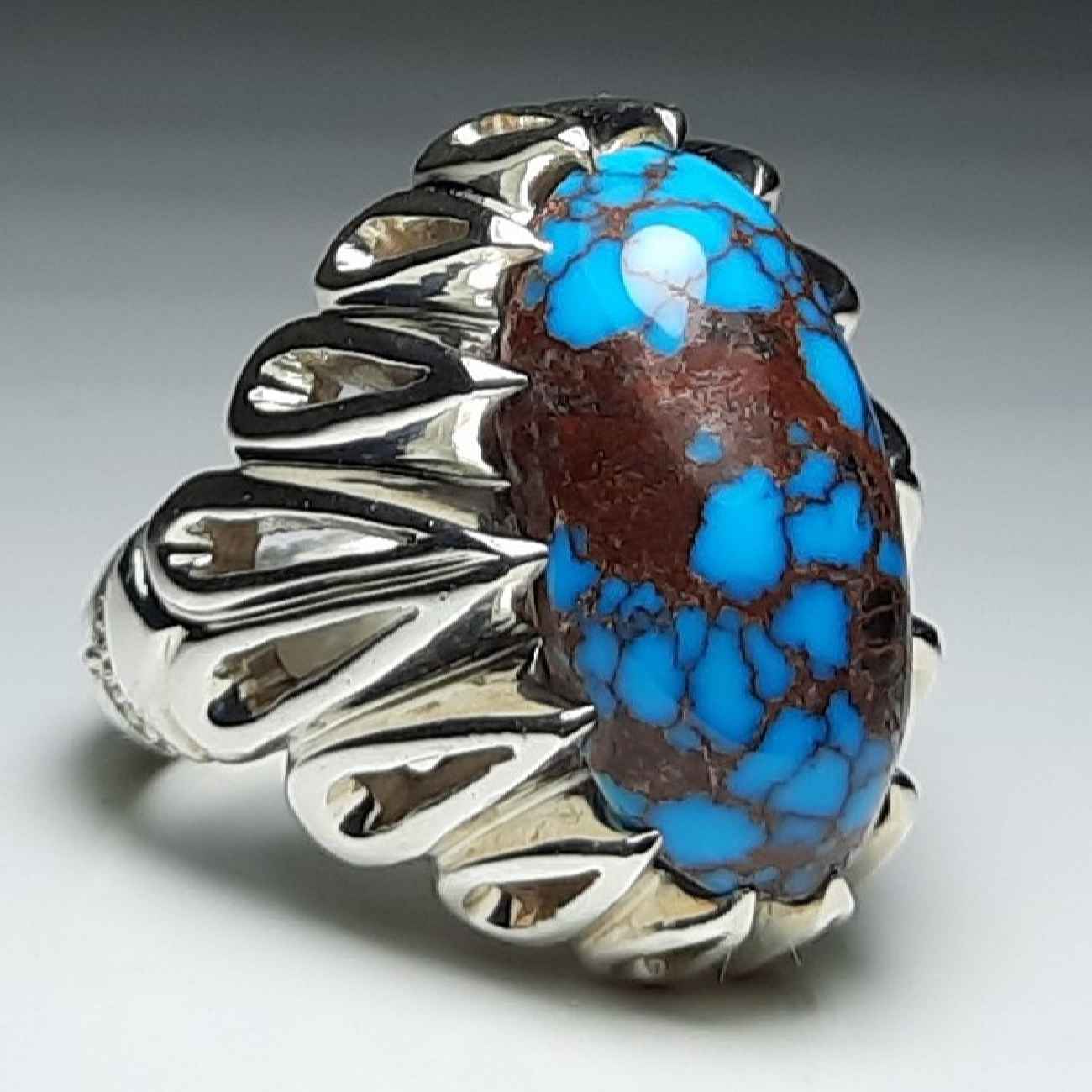 Bague en Argent Persan Faite Main Modèle Araignée avec Turquoise de Neyshabur pour Homme