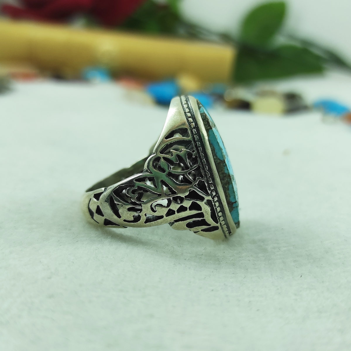 Bague en Argent Persan avec Pierre de Turquoise de Neyshabur pour Homme