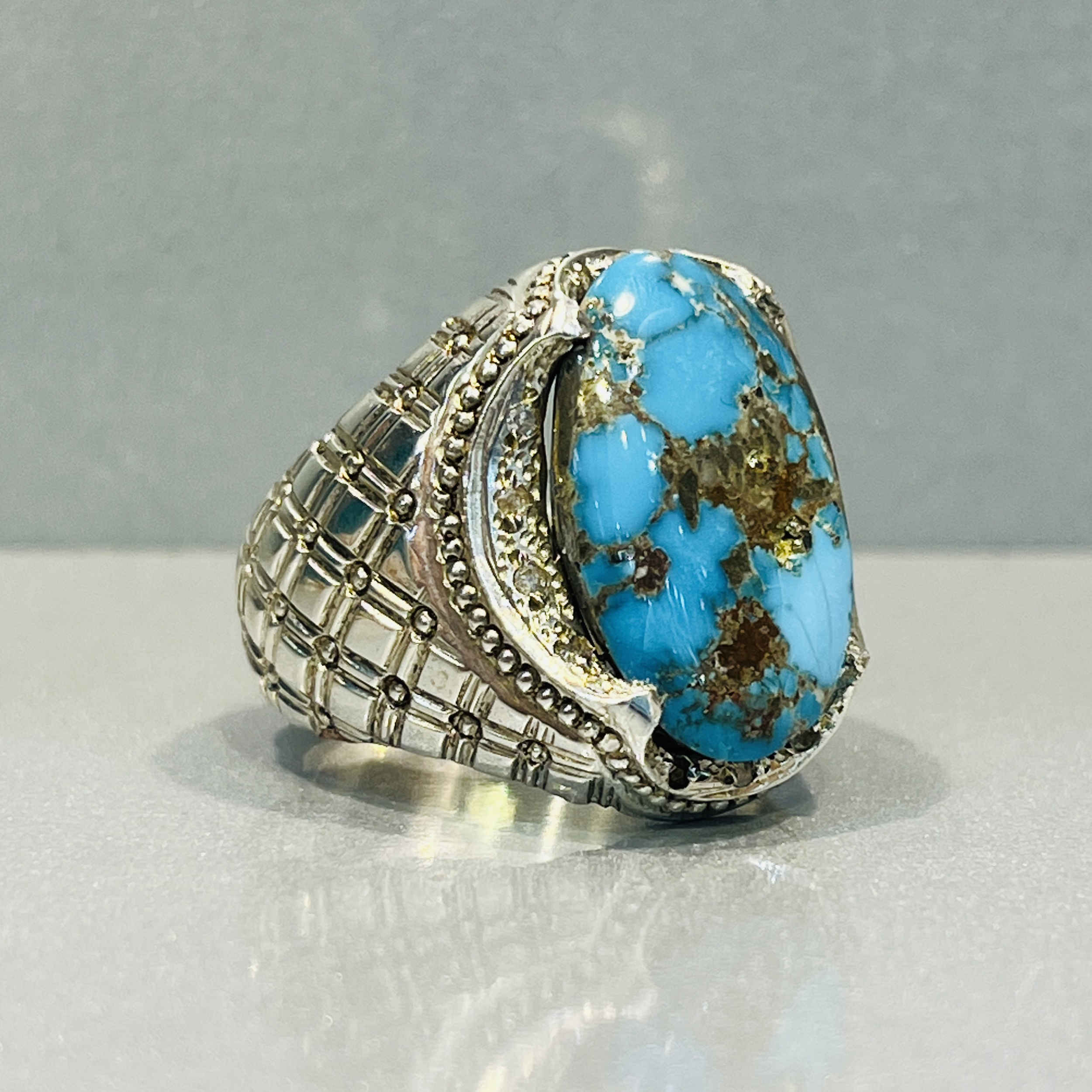 Bague en Argent Persan Faite Main pour Homme avec Turquoise de Neyshabur