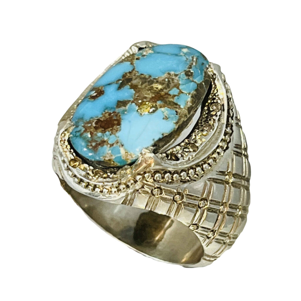 Bague en Argent Persan Faite Main pour Homme avec Turquoise de Neyshabur