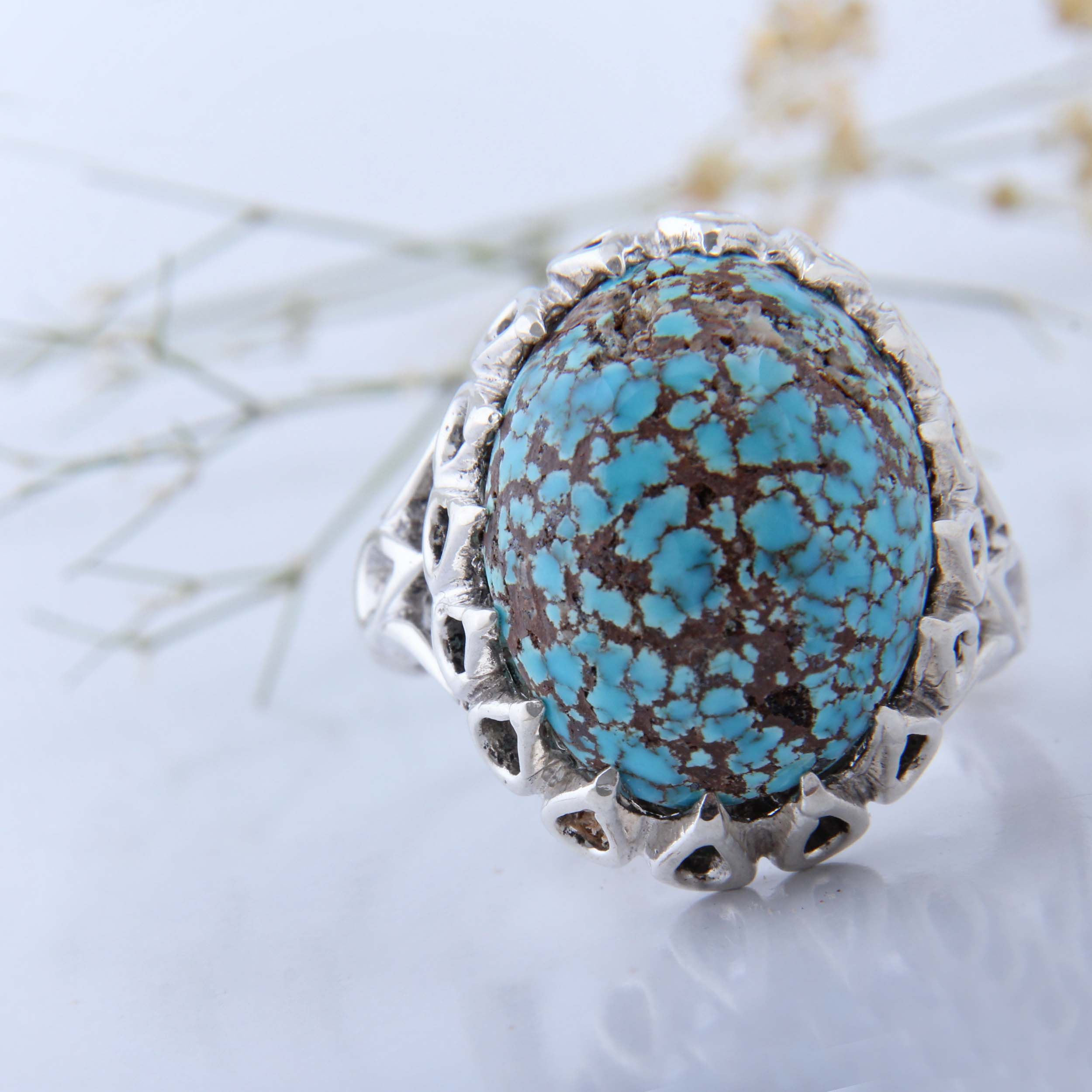Bague en Argent Persan Faite Main avec Turquoise de Neyshabur