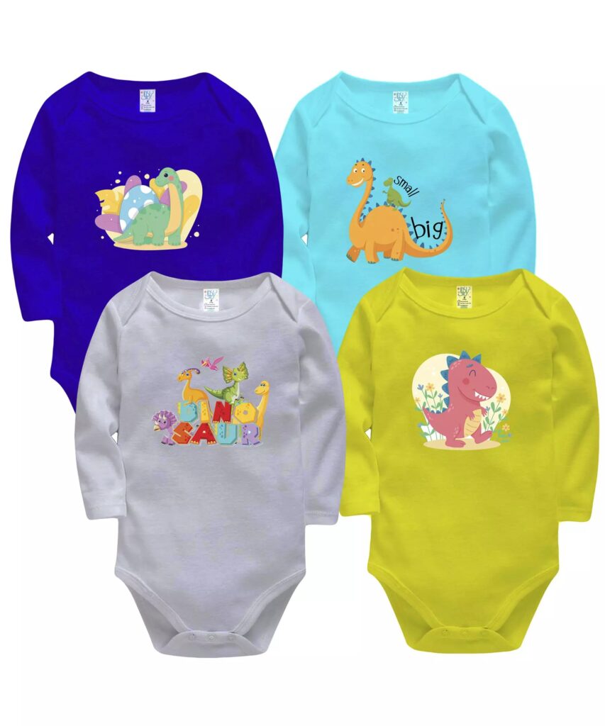 Ensemble de 4 bodies bébé à épaules rabattables avec design dinosaure
