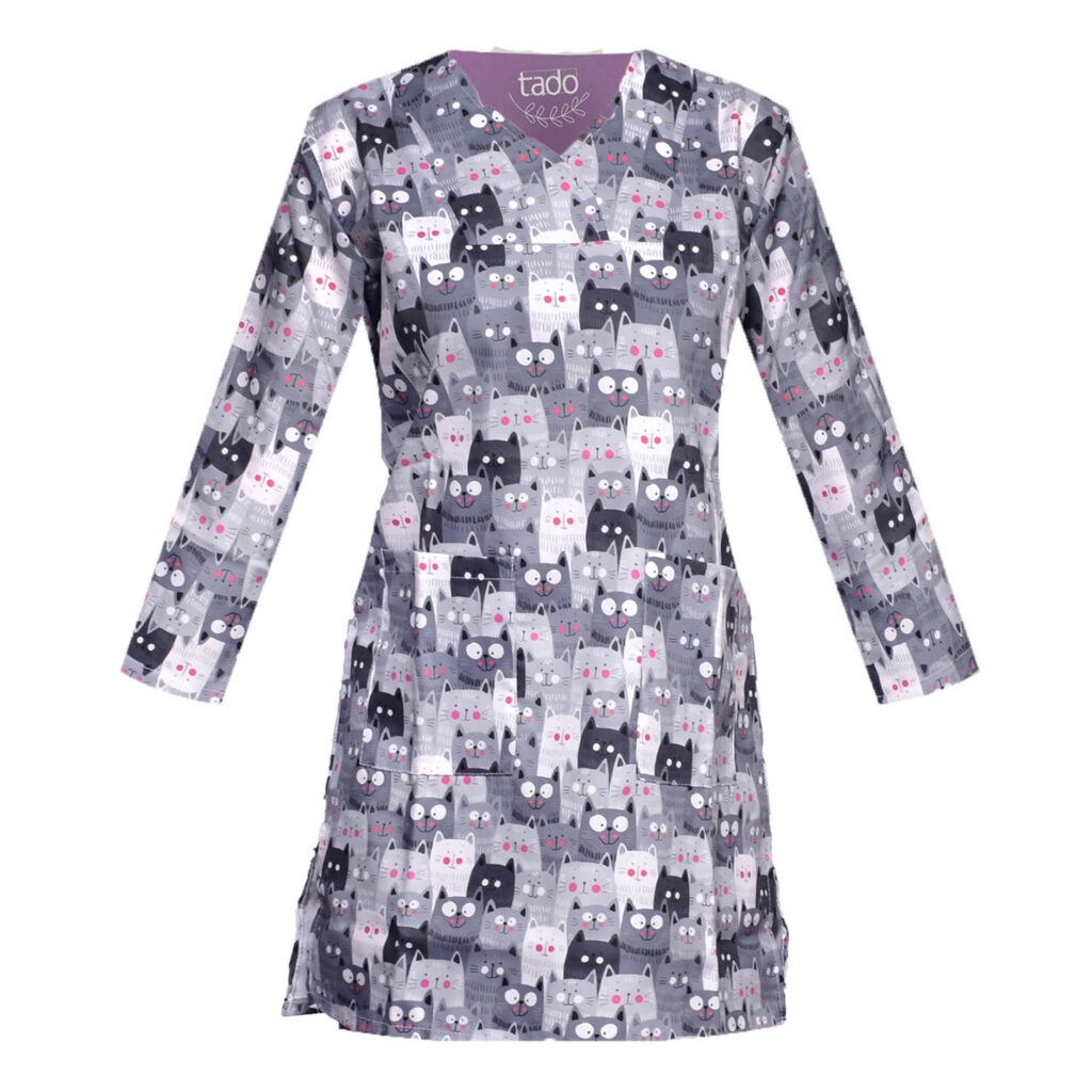 Uniforme vétérinaire à manches longues pour femme avec design de chat – Mignon et confortable