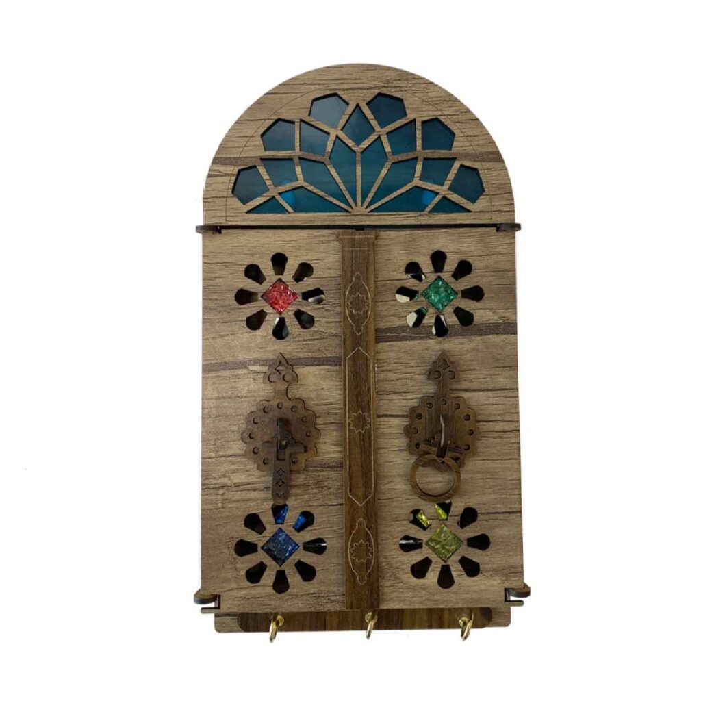 Porte-clés mural en bois persan fait main avec design de porte de maison colorée traditionnelle