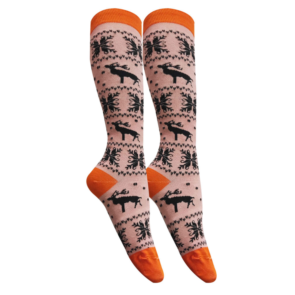 Chaussettes montantes pour femmes orange avec design de cerf