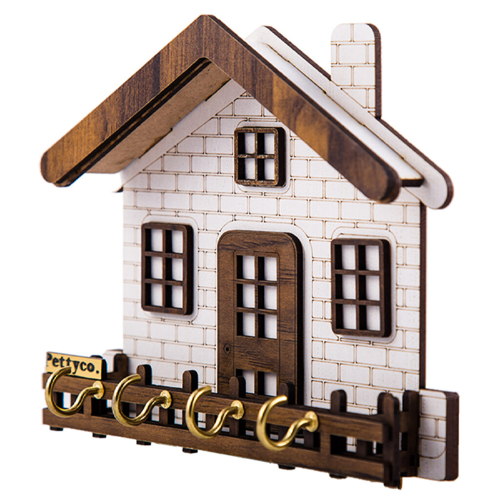 Porte-clés mural à 4 crochets avec design de petite hutte