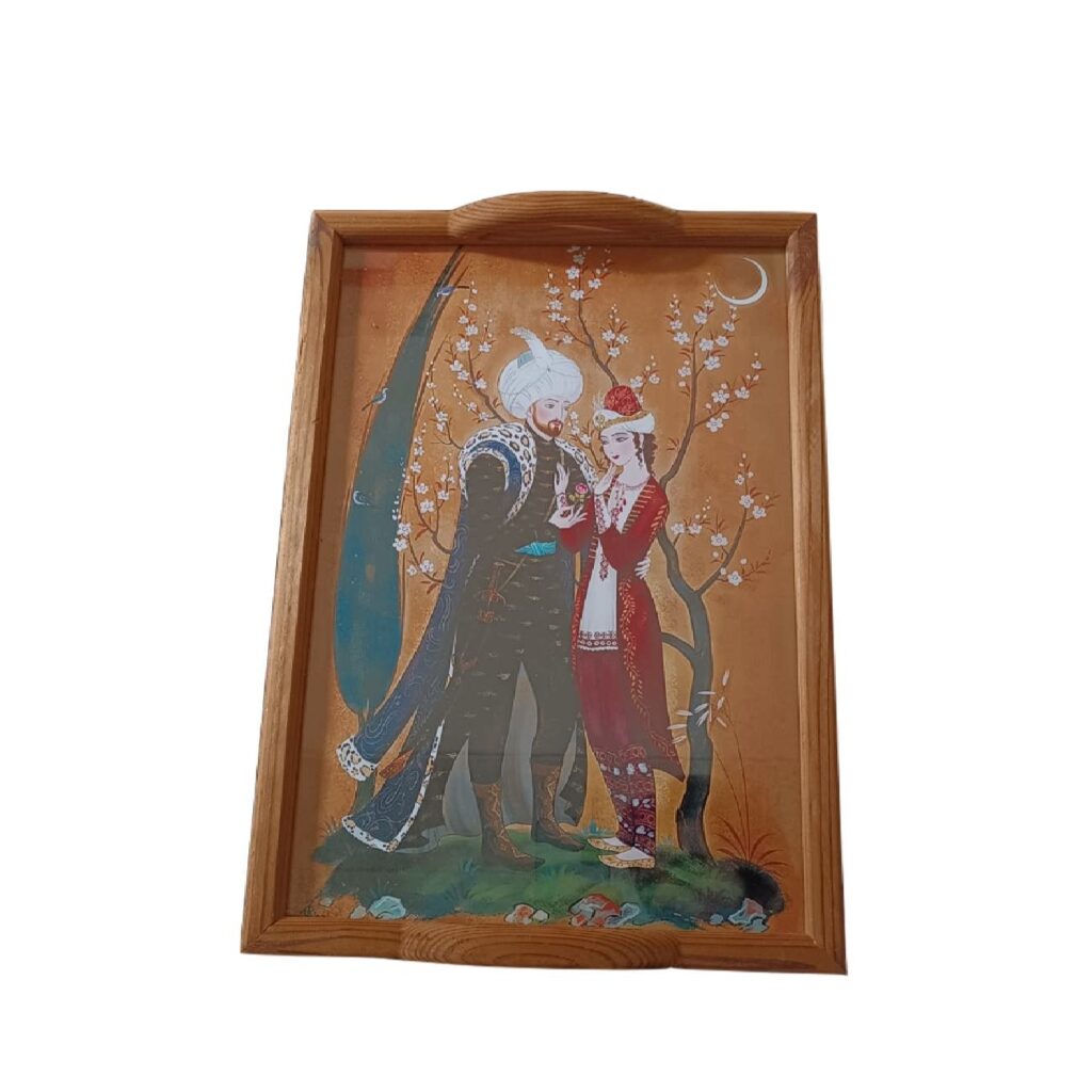 Plateau artistique en bois et verre – Design perse Khosrow & Shirin